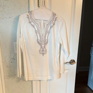 Sigrid Olsen White Tunic with Gray Embroidery